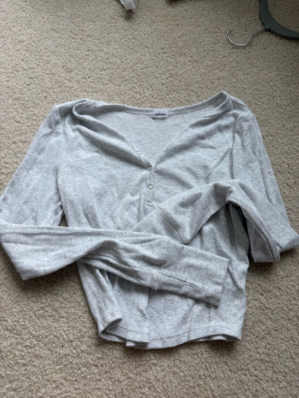 Garage Light Gray Ribbed Button-Front Long Sleeve Top